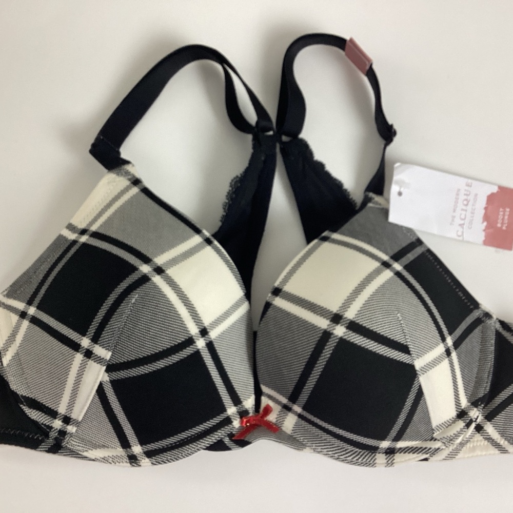 Cacique Nylon Boost Plunge Wire Bra Racerback Sizes 34A & 36A Plaid B&W NWT New